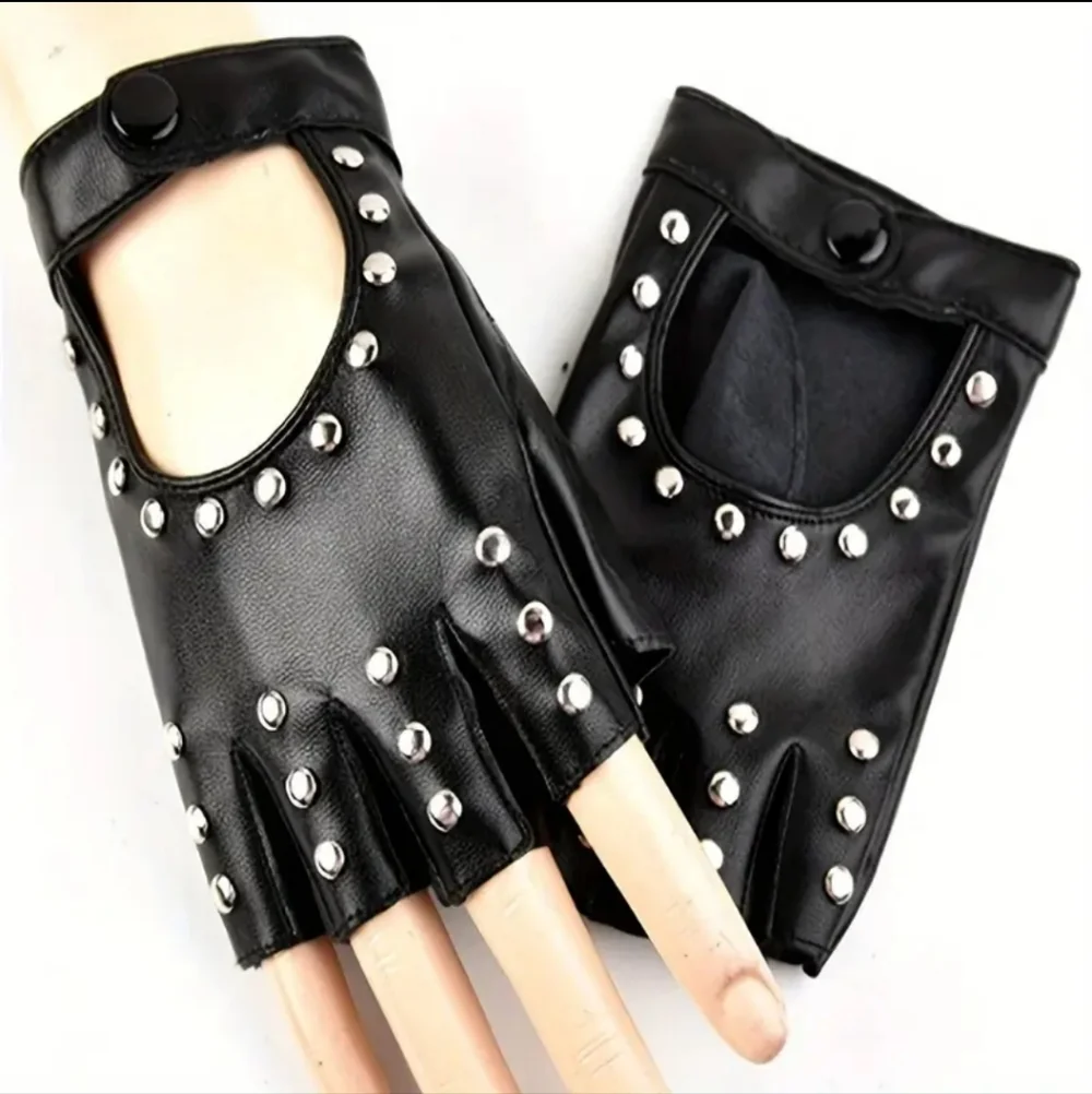 Black Faux Leather Studded Fingerless Gloves W/Snap Button Wrist Closure (OS)